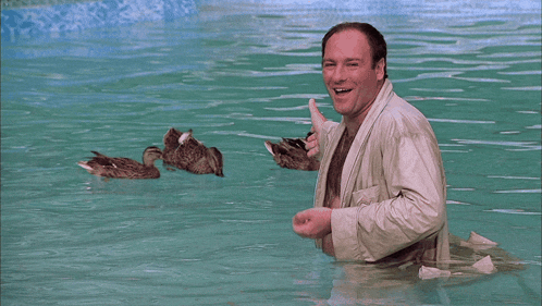 Tony Soprano feeding ducks in his dressing gown